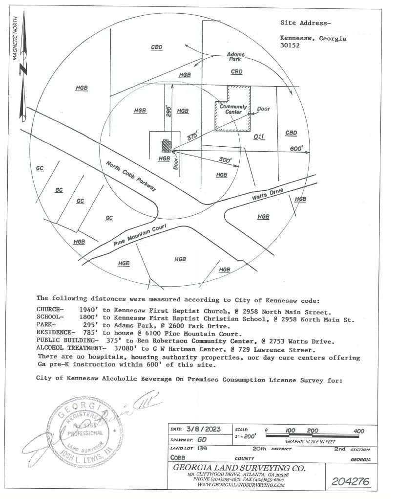 Alcoholic beverage license survey prepared for the City of Kennesaw, showing measured distances to nearby churches, schools, parks, and residences