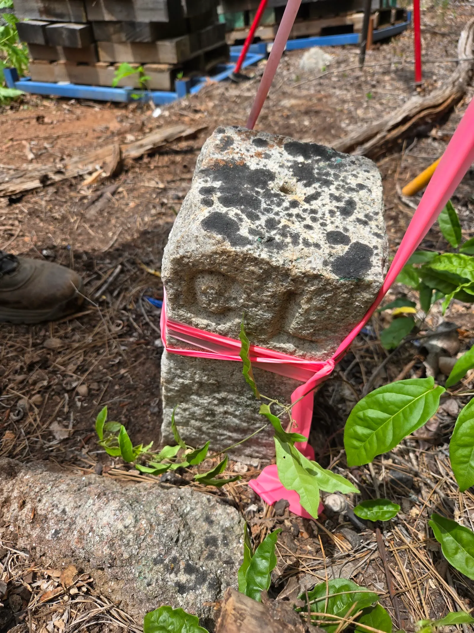 An original stone property corner monument recovered and flagged by GLS